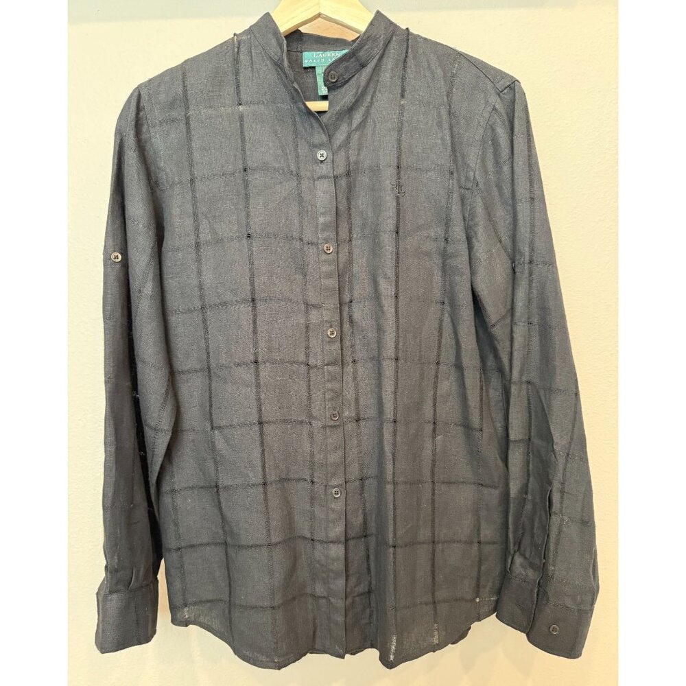 Lauren Ralph Lauren 100% Linen Black Button Up Shirt Small Long Sleeve Office